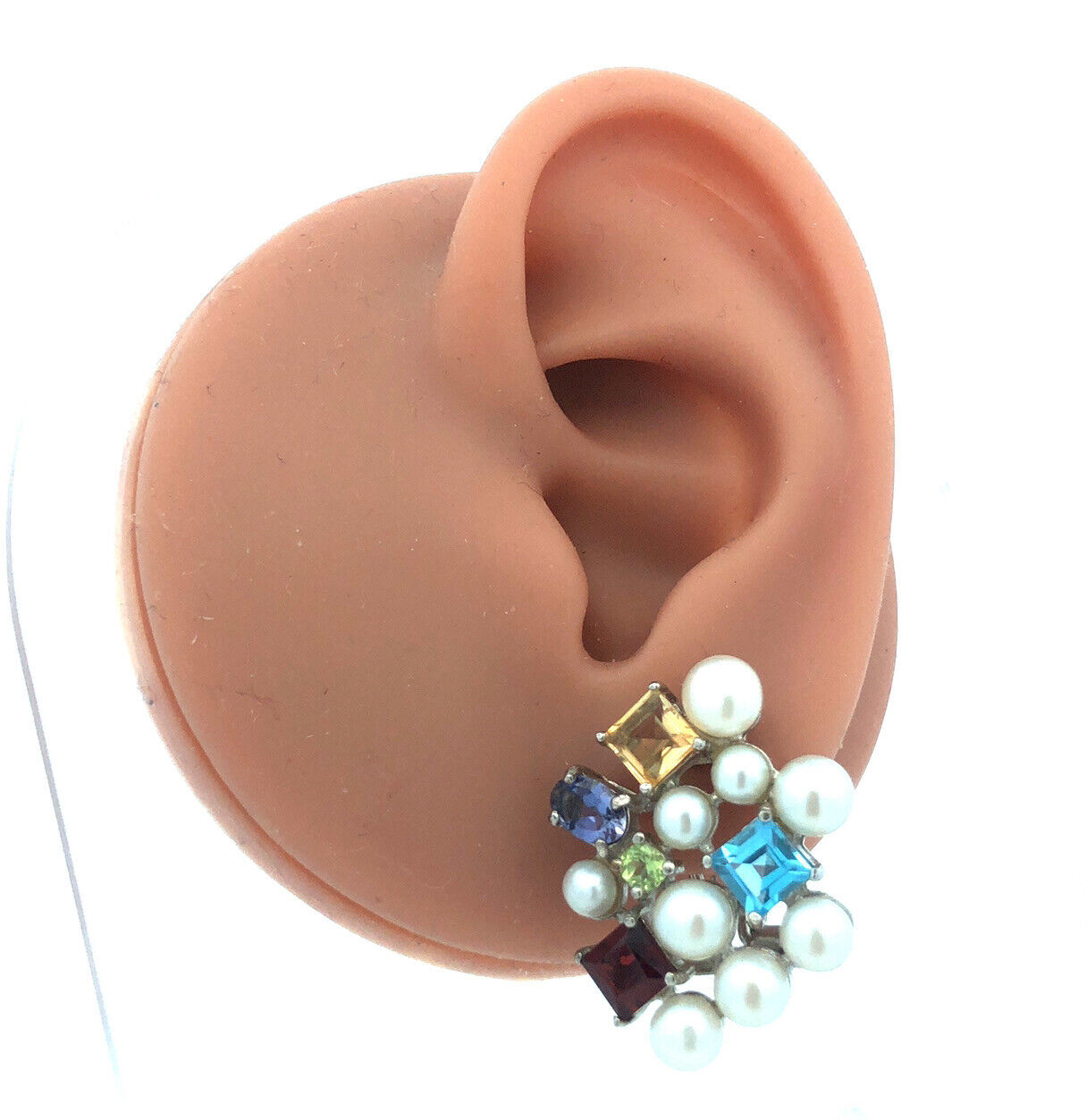 Ross Simons 925 Sterling Silver Pearl Multi Gemstone Cluster Stud Earrings