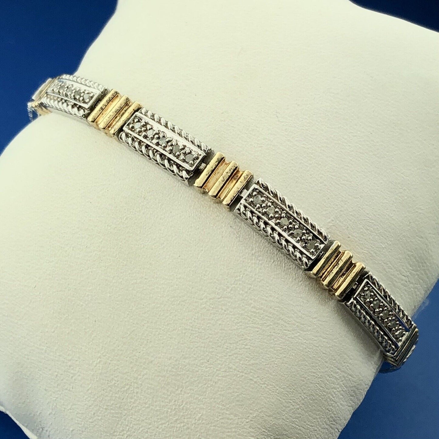 Estate CI 925 Sterling Silver Vermeil Two Tone Diamond Bar Panel Tennis Bracelet