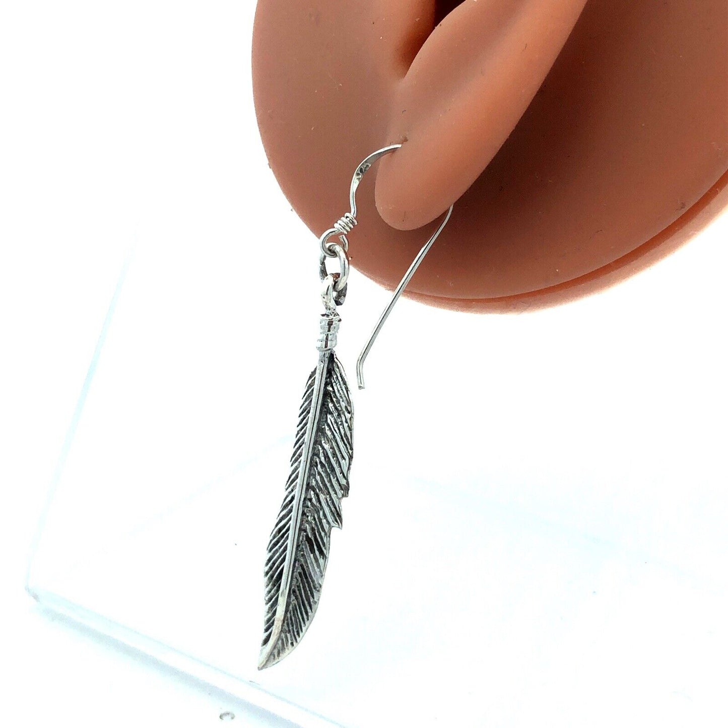 Vintage 925 Sterling Silver Feather Textured Drop Dangle Hook Earrings