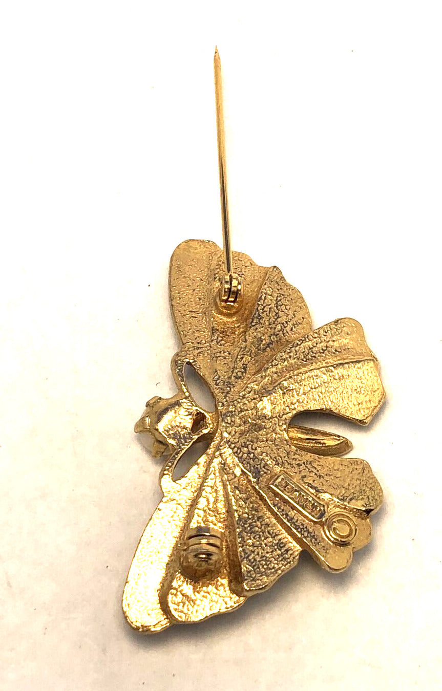 Vintage Designer Kramer Gold Tone Faux Pearl Black Enamel Moth Butterfly Brooch