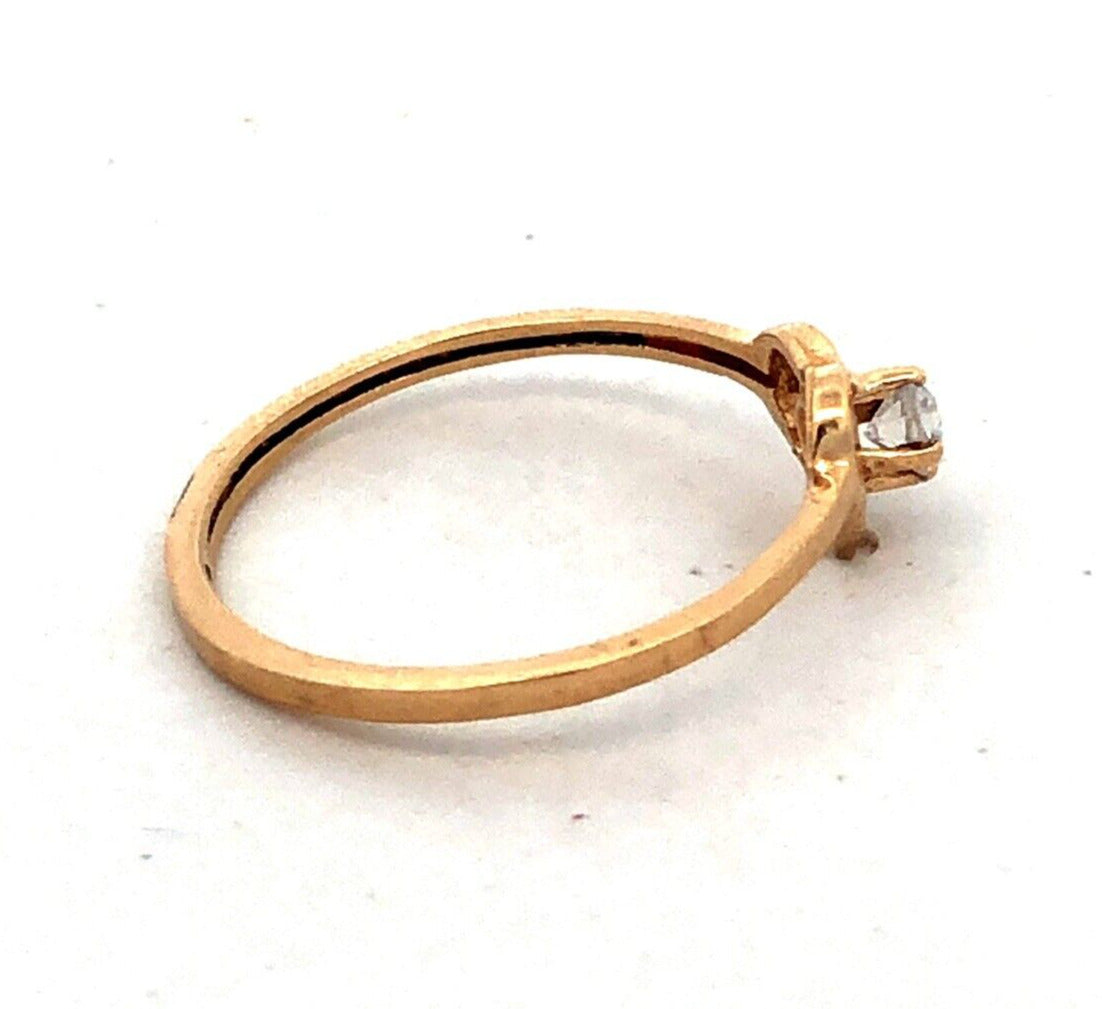 Estate 14K Yellow Gold Round White Tourmaline Solitaire Heart Love Promise Ring
