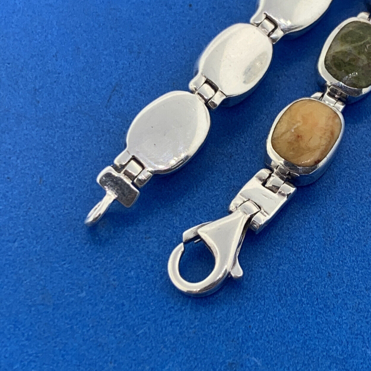 Native American Artisan Sterling Silver 925 Multi Stone Oval Cabochon Bracelet