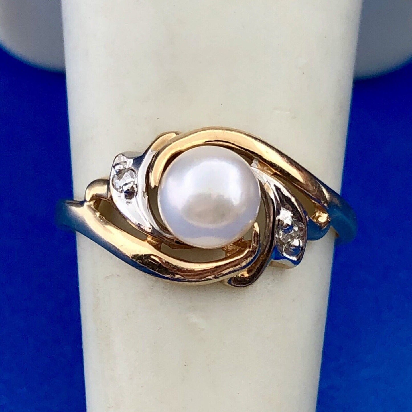 Vintage 10K Yellow White Gold Classic Pearl Diamond Freeform Swirl Cocktail Ring