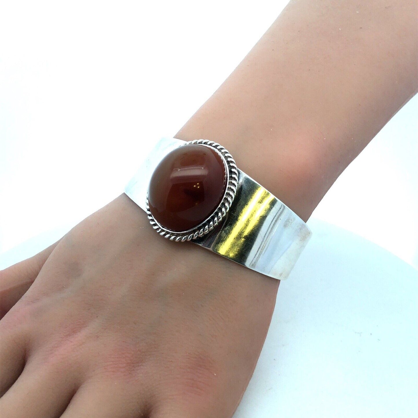 Estate 925 Sterling Silver Oval Carnelian Reeded Statement Open Cuff Bracelet