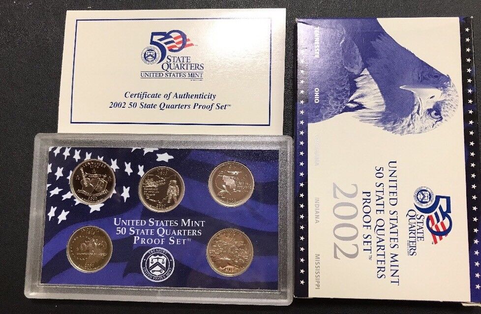 2002 S United States Mint Proof State Quarters Set 5 Coin Set w/ Box/COA