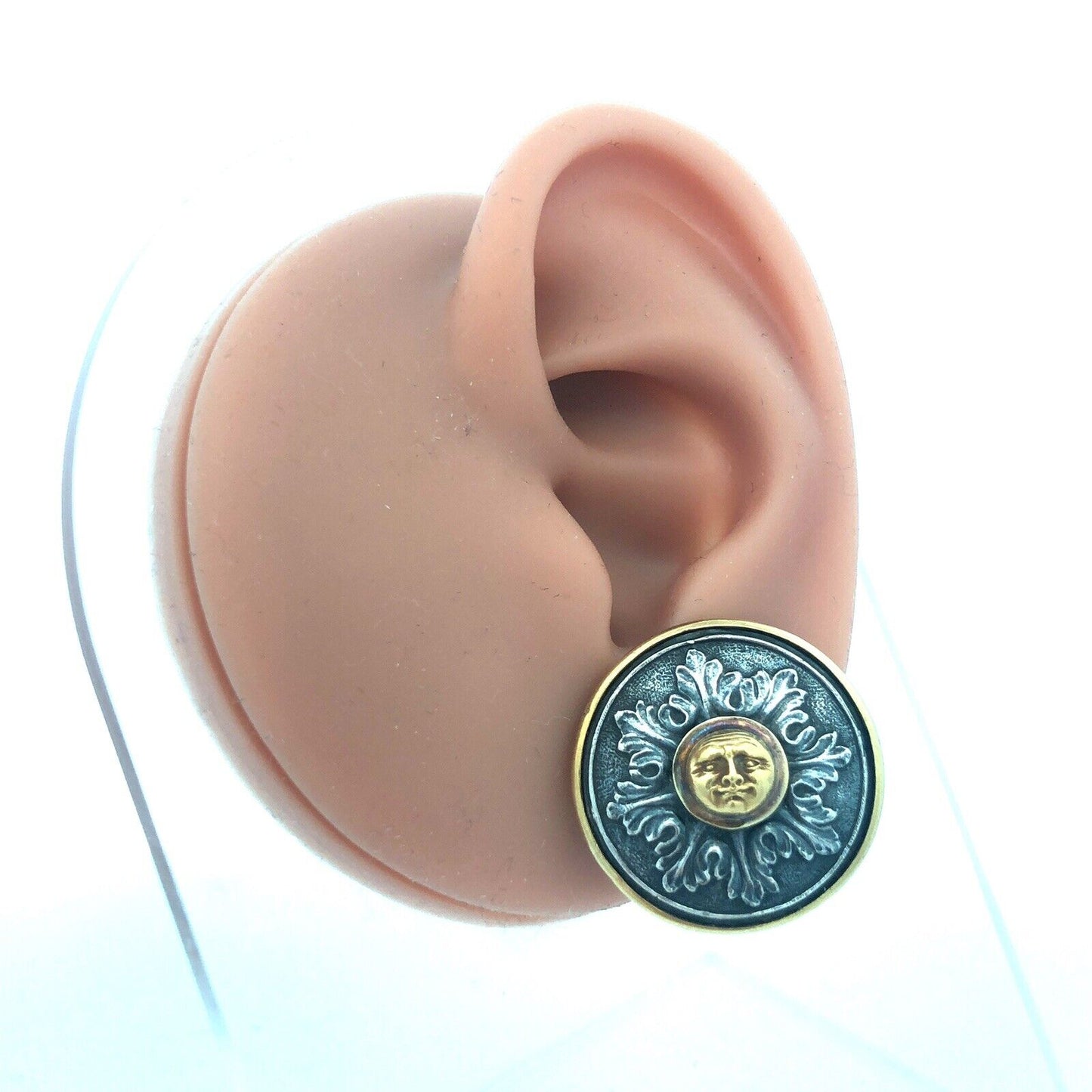 Signed Paul Lantuch 18K Yellow Gold 925 Sterling Silver Mask Disc Earrings