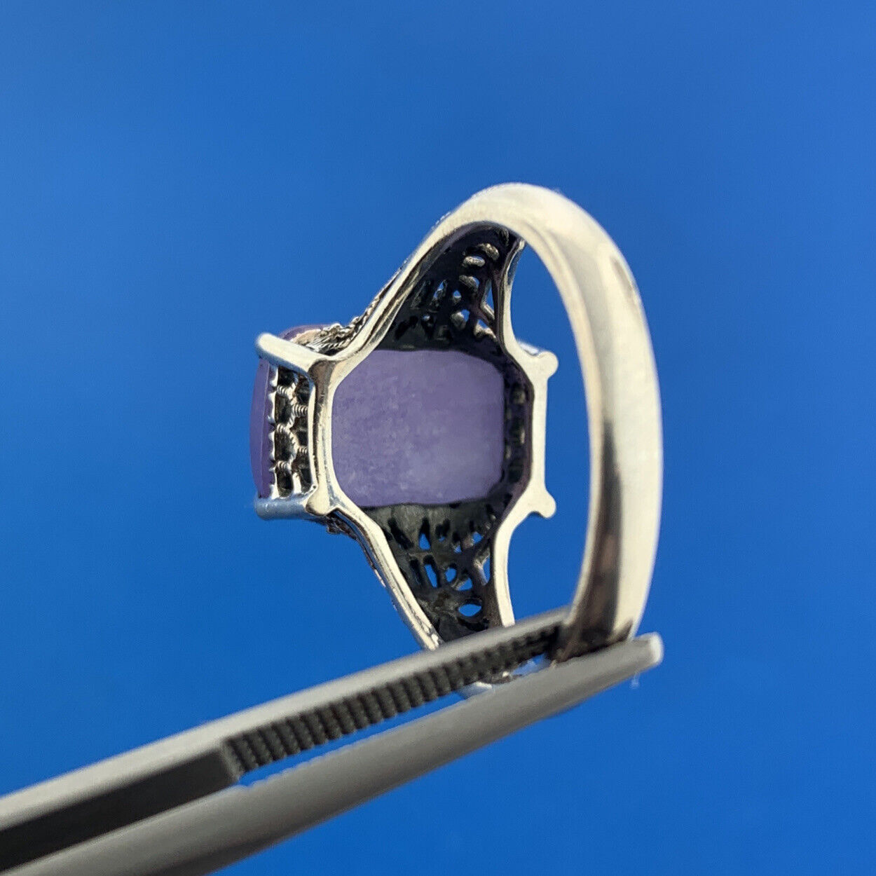 Designer CNA 925 Sterling Silver Purple Jade Jadeite Filigree Open Work Ring