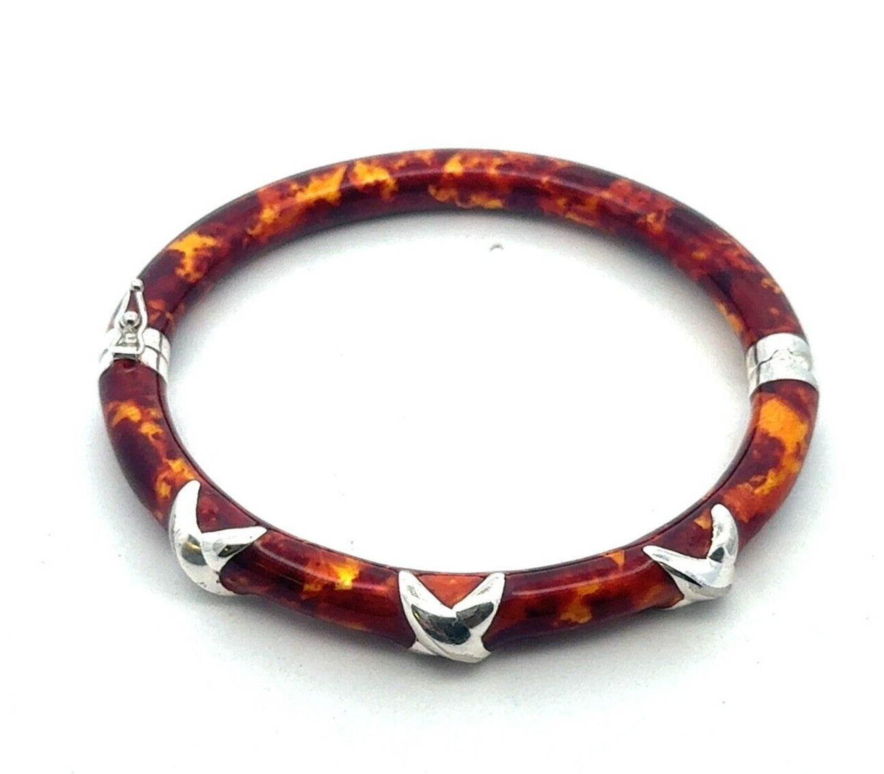 Milor Italy Sterling Silver Tortoise Shell Enamel Oval Hinged Bangle Bracelet