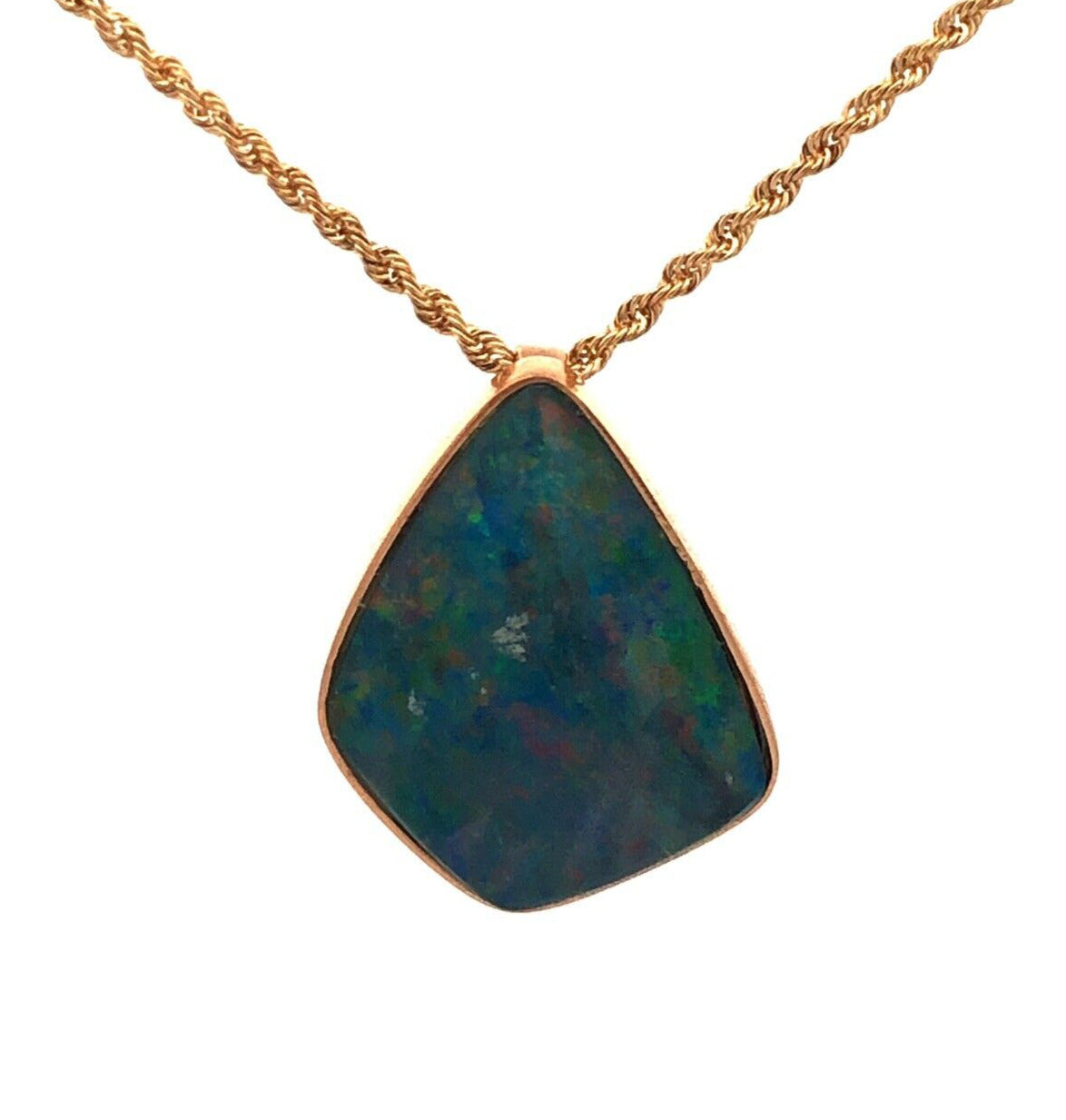 Designer IAJ 14K Yellow Gold Black Blue Opal Cabochon Bezel Pendant Necklace