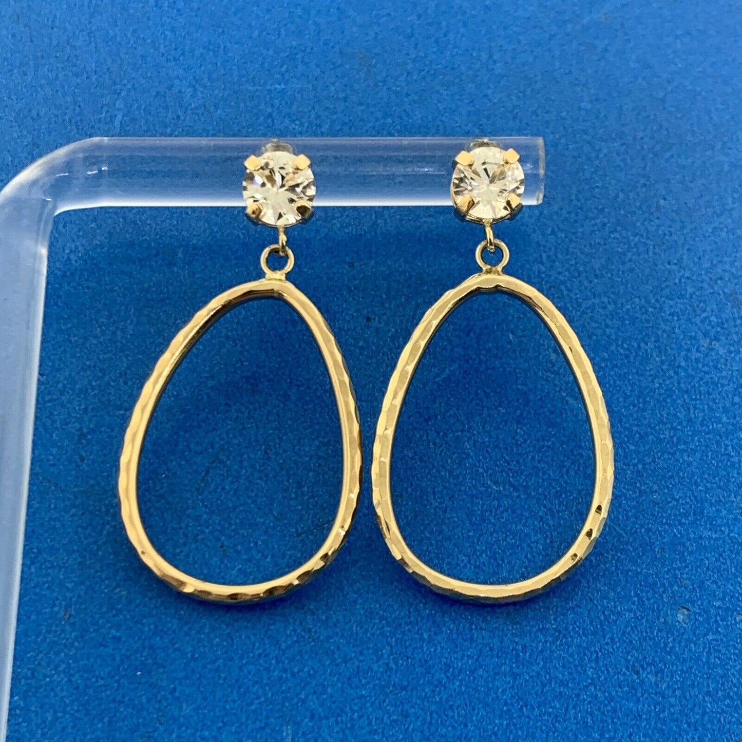 Designer 10K Yellow Gold White Sapphire Hammered Hoop Dangle Stud Earrings