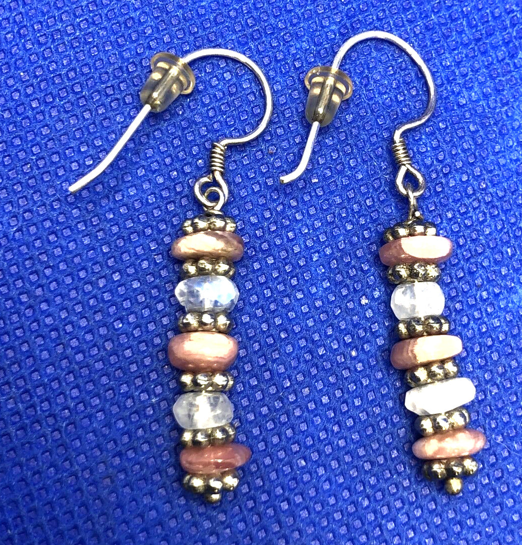 Sterling Silver 925 Pink Rhodochrosite and Moonstone Beaded Hook Dangle Earrings