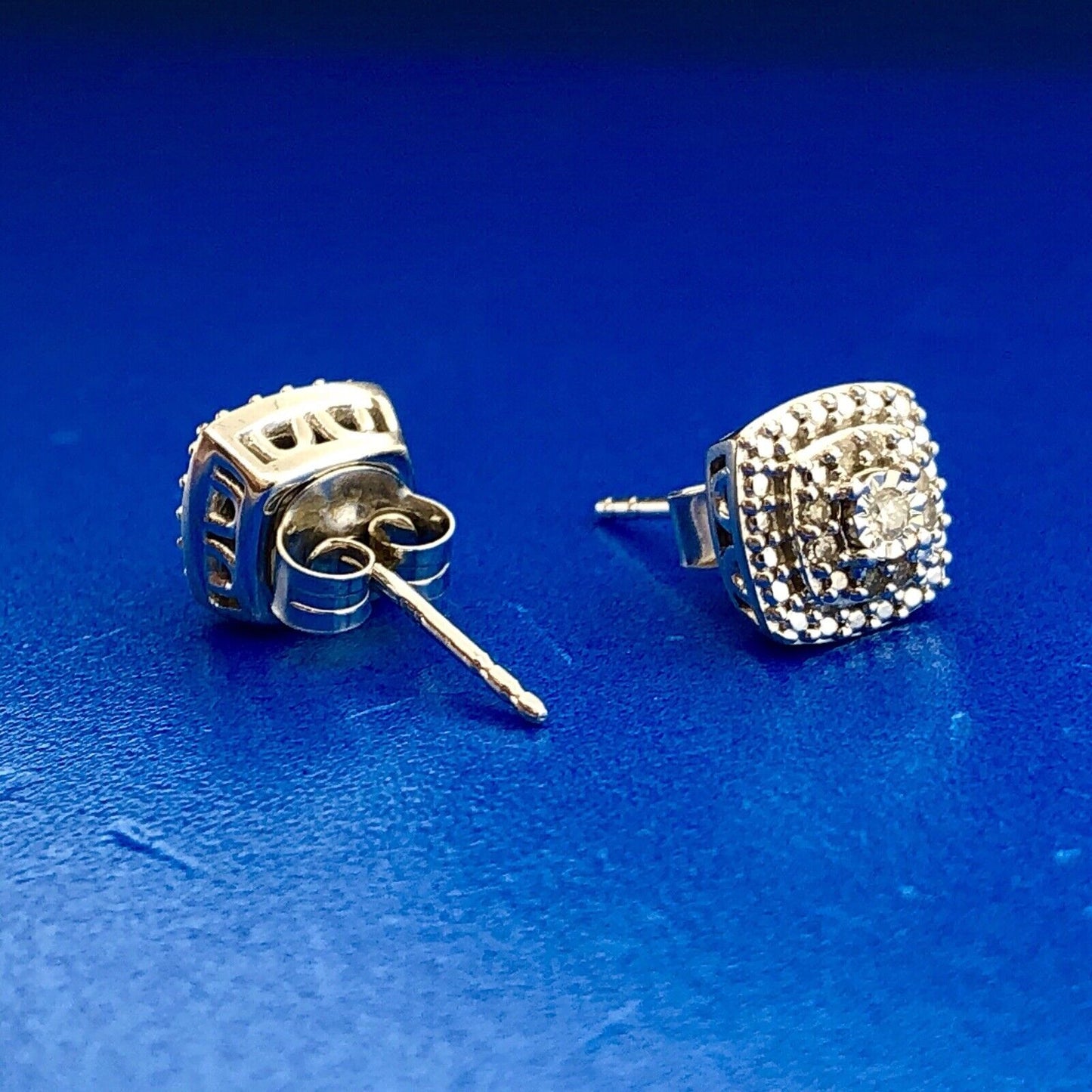 Elegant Sterling Silver 925 Diamond Three Tier Square Cluster Stud Earrings
