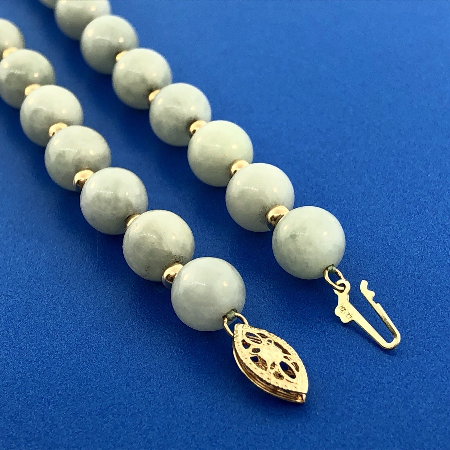 Designer 14K Yellow Gold Jade Jadeite Bead Ball Filigree Clasp Necklace