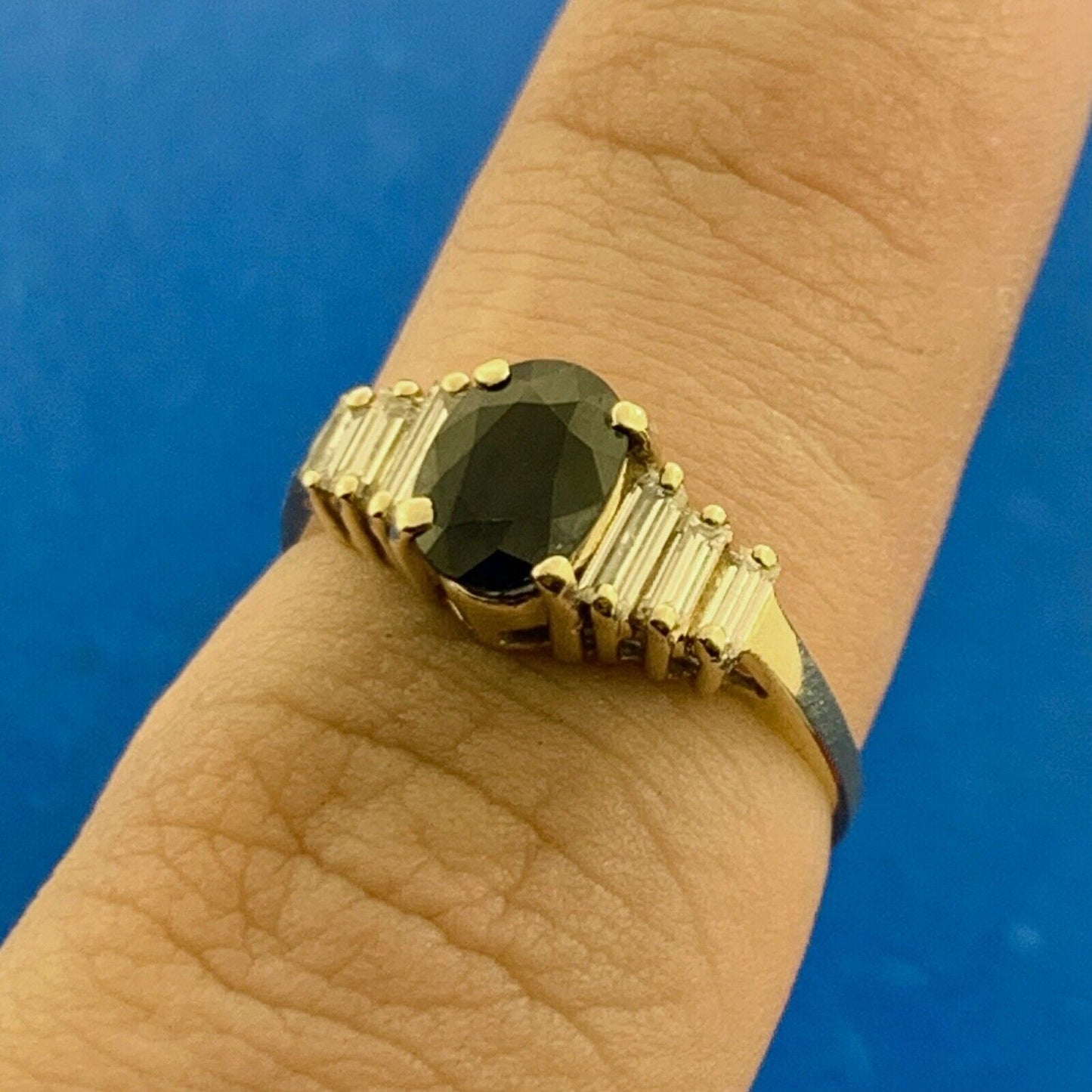 Designer 14K Yellow Gold Oval Sapphire Diamond Accent Anniversary Ring