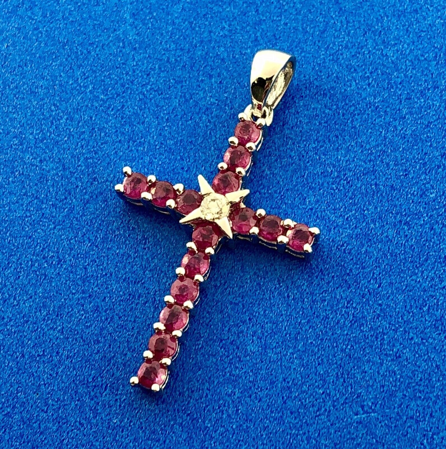 14K White Gold Ruby Diamond Cross Religious Communion Wedding July Pendant