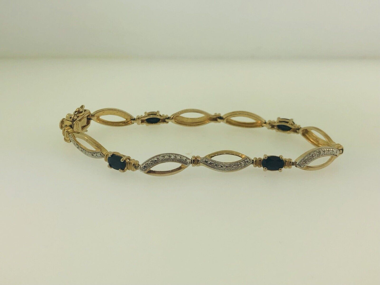 Estate Sterling Silver 925 Vermeil Oval Sapphire Station Tennis Bracelet