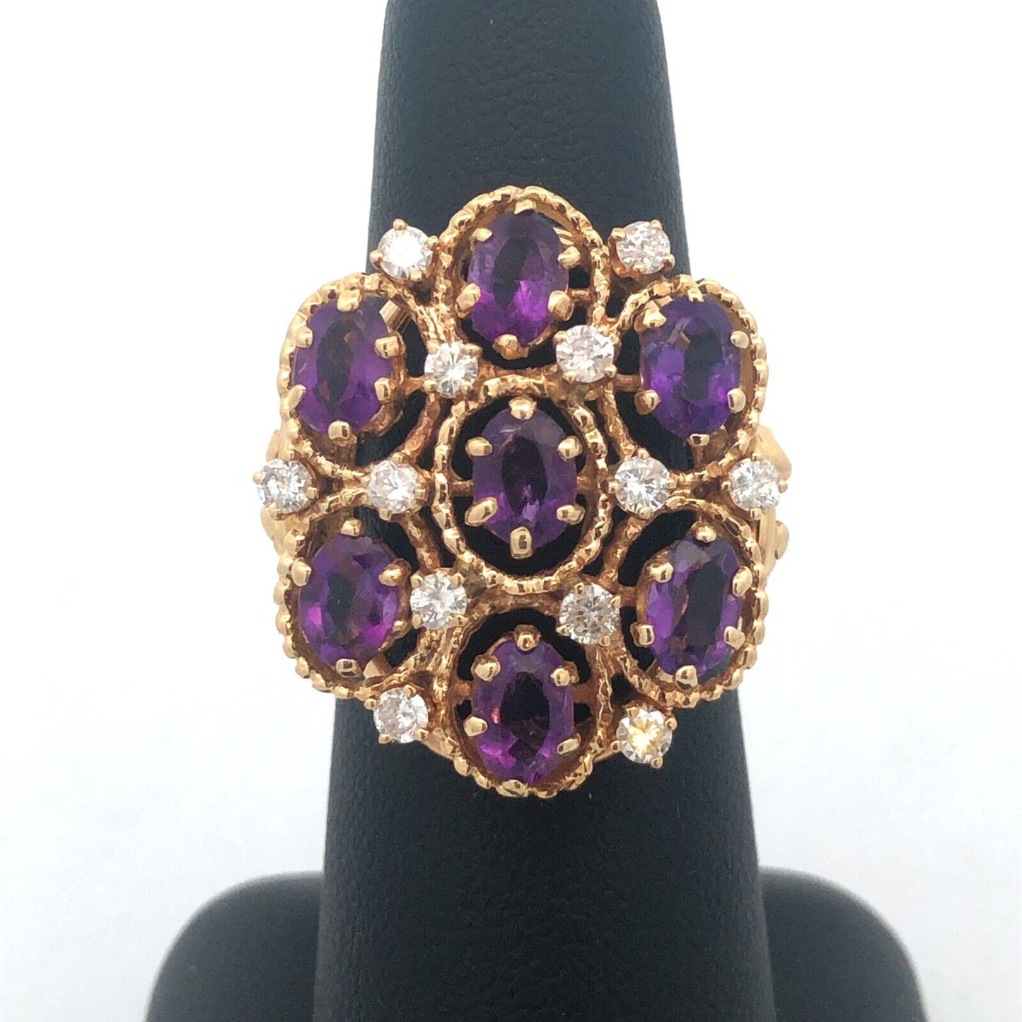 Vintage 14K Yellow Gold Amethyst Diamond Statement Anniversary Cocktail Ring