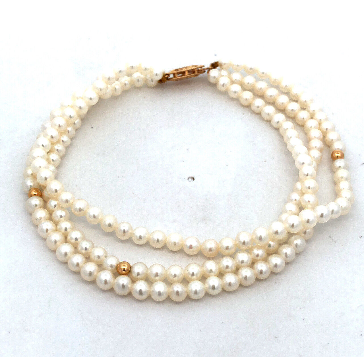 Designer 14K Yellow Gold Round White Pearl 3-Strand Beaded Bracelet