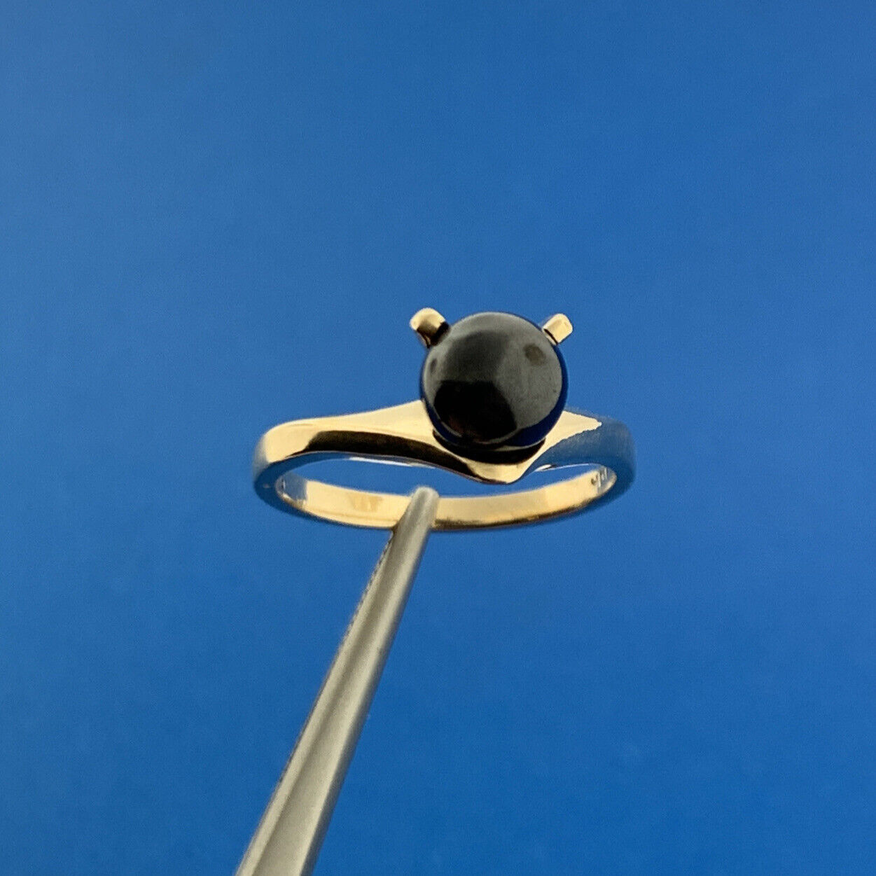 Designer Spring 10k Yellow Gold Cabochon Black Onyx Sphere Ring Size 6.25