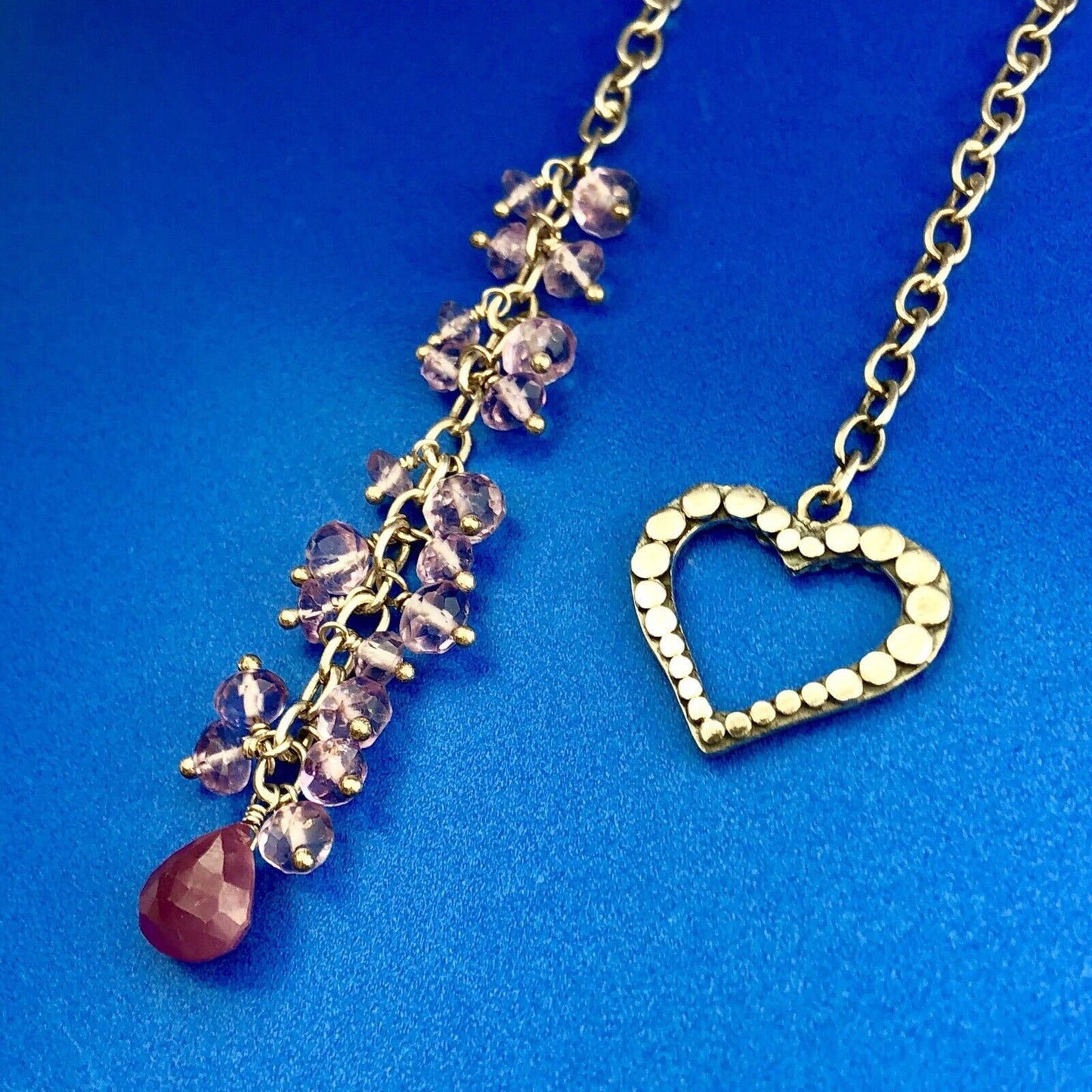 Charming Sterling Silver Ruby Amethyst Bead Heart Lariat Adjustable Necklace