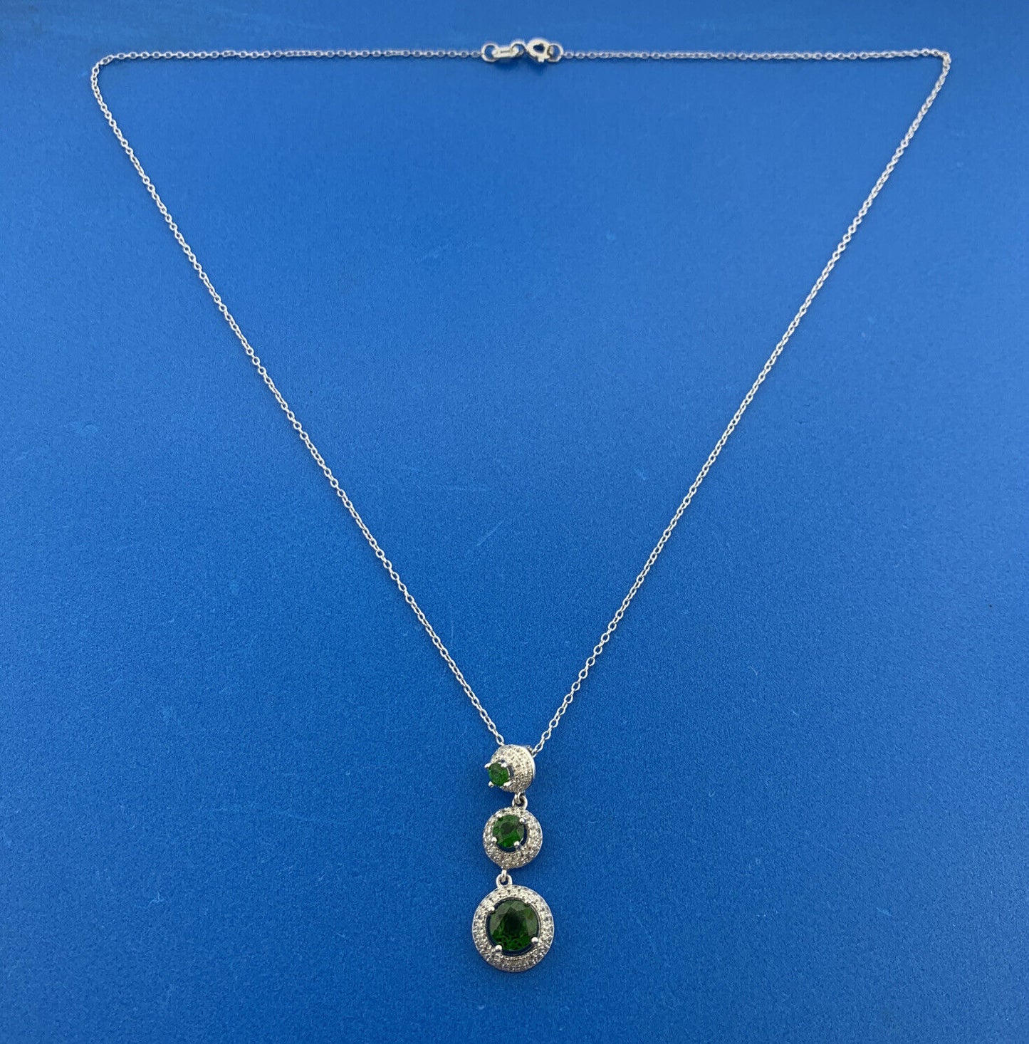 Sterling Silver 925 Round Cut Emerald Diamond Halo Triple Dangle 18" Necklace