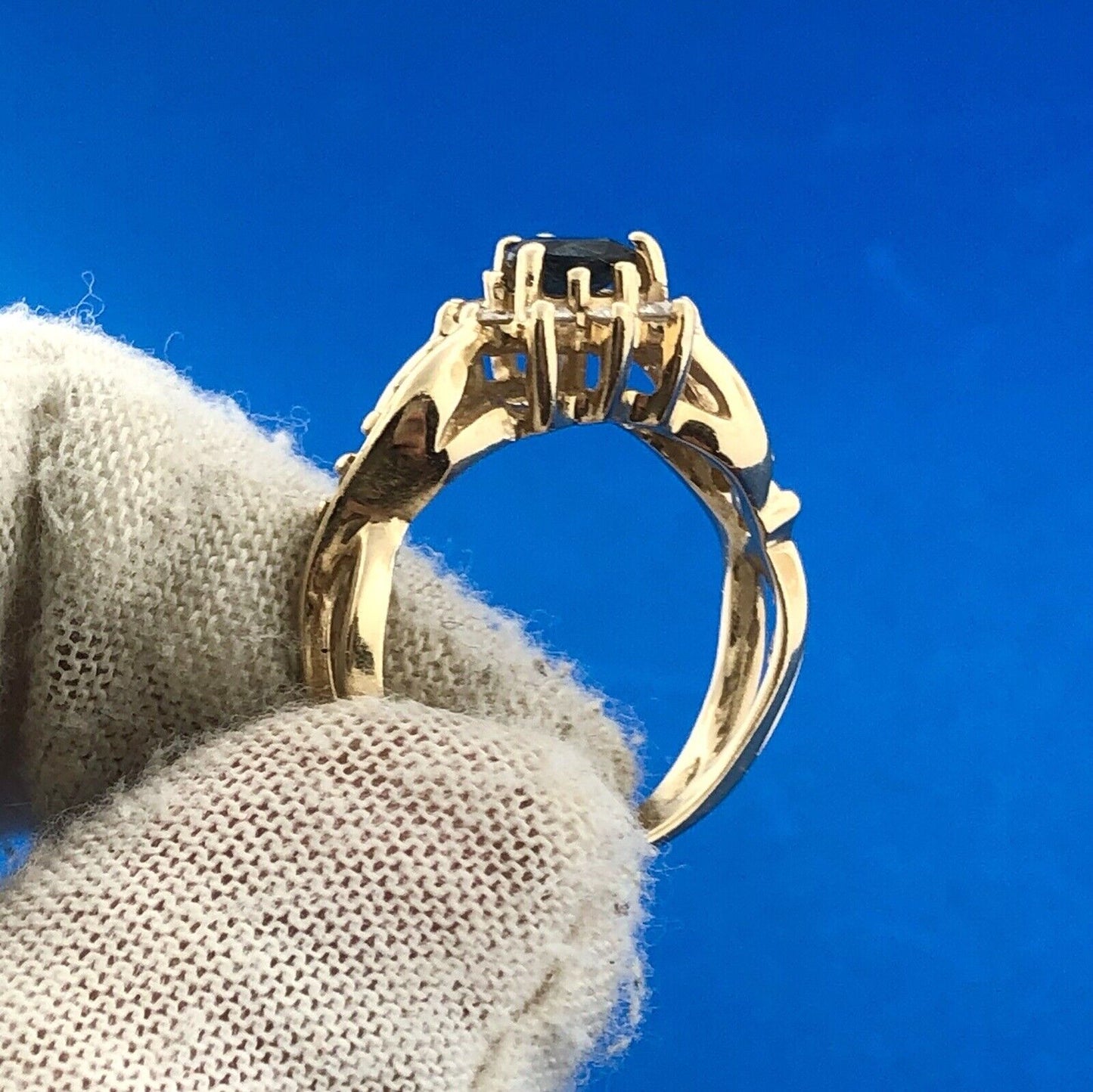 Retro Designer 14K Yellow Gold Sapphire Pear Diamond Halo Accented Cocktail Ring
