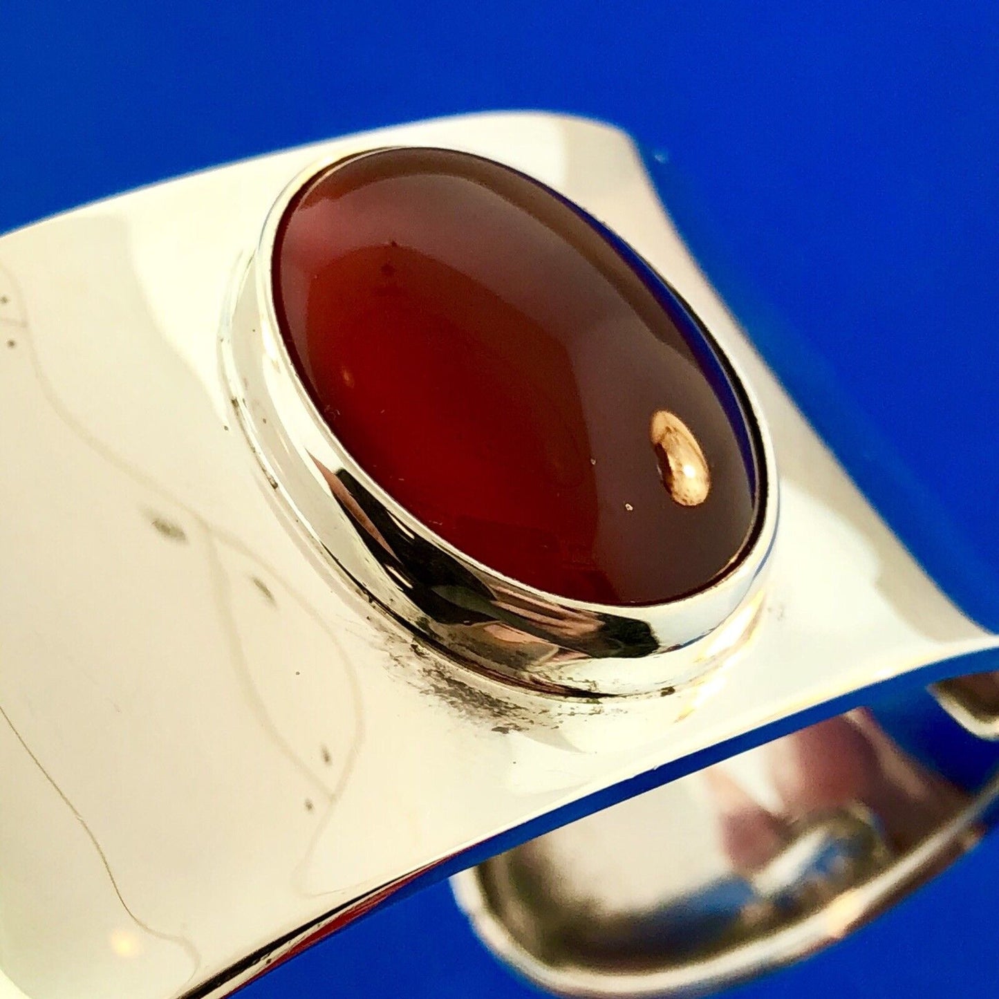 CII Mexico Taxco 925 Sterling Silver Carnelian Cabochon Statement Cuff Bracelet