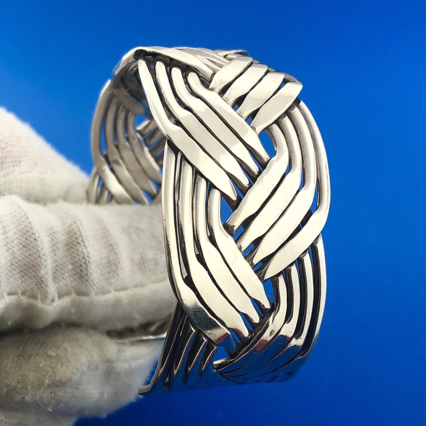 Vintage Taxco Mexico TE-5 925 Sterling Silver Basket Weave Open Cuff Bracelet