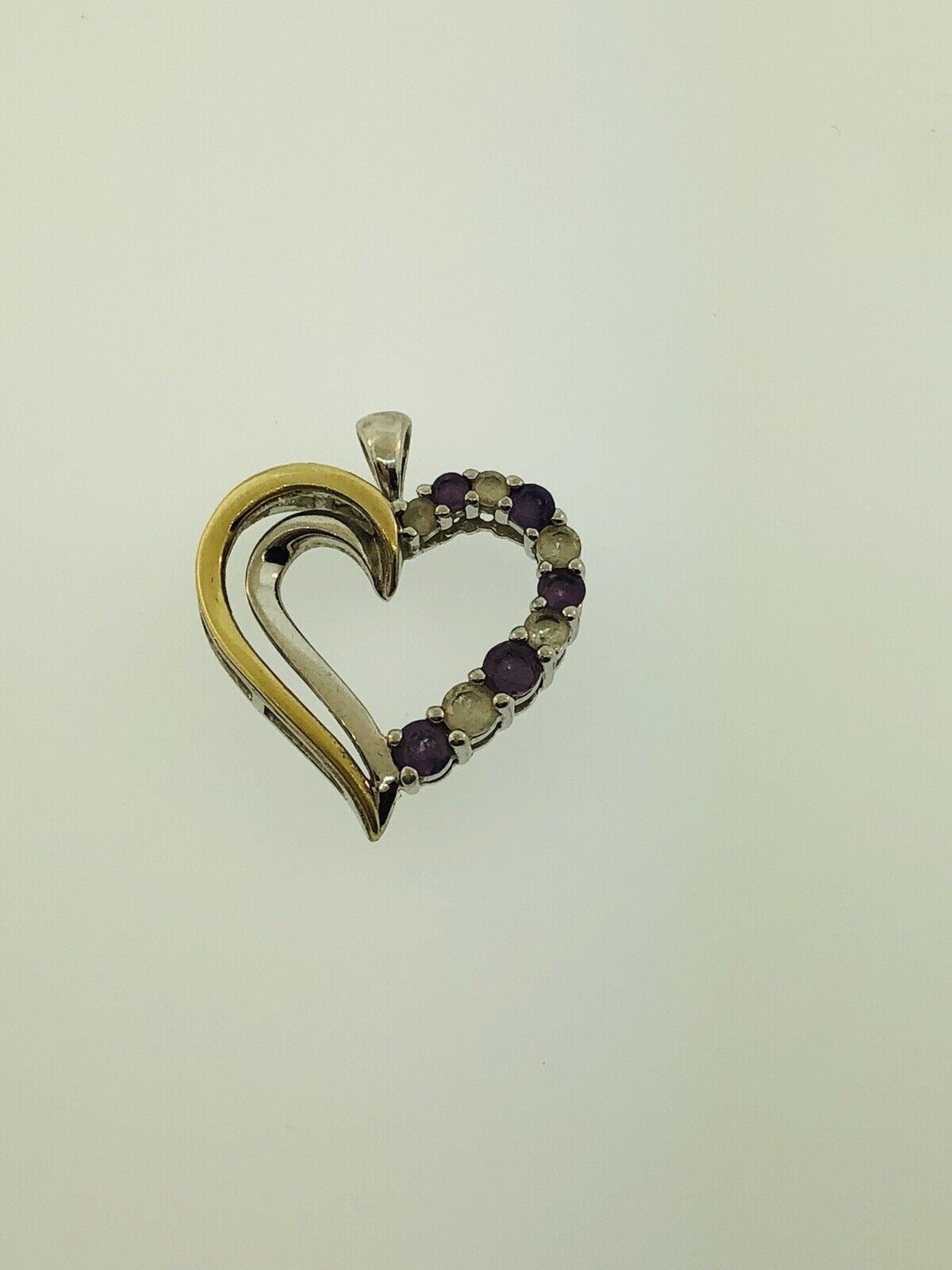 10K Yellow Gold Sterling Silver 925 Amethyst White Topaz Heart Pendant S174