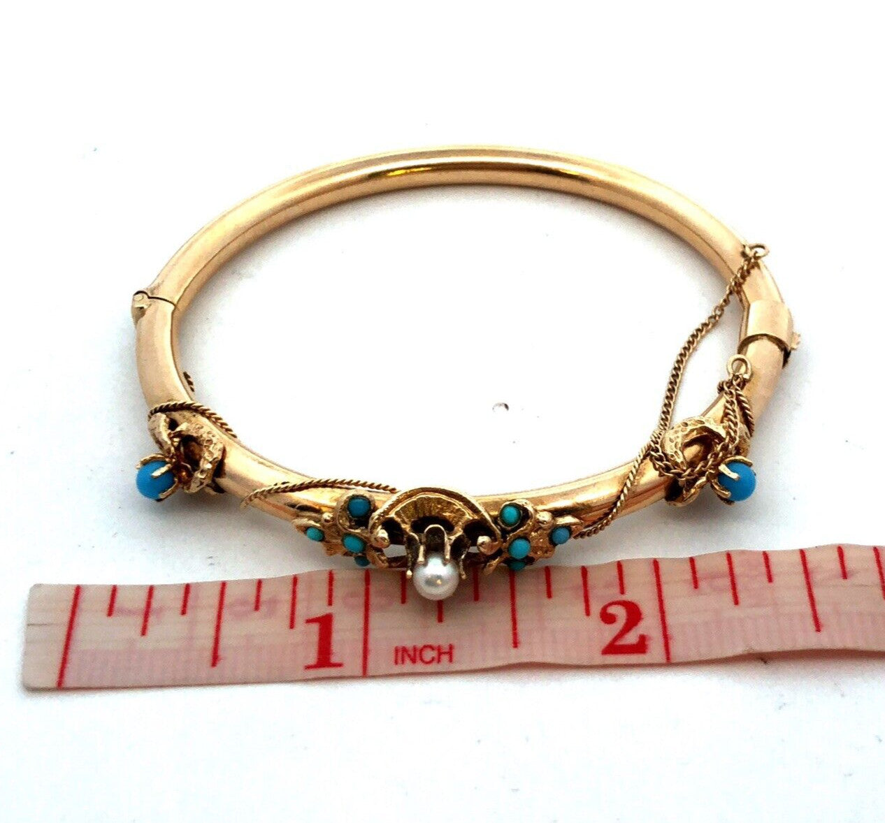 Estate 14K Yellow Gold Round Turquoise Pearl Art Deco Hinged Bangle Bracelet