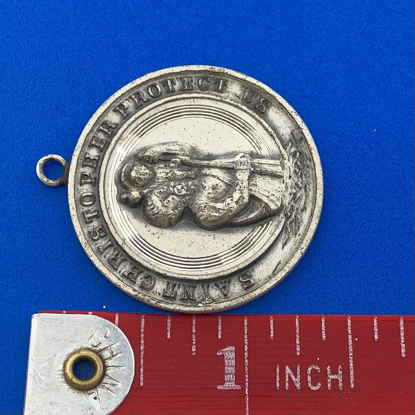 Vintage 925 Sterling Silver Saint Christopher Protect US Religious Disc Pendant