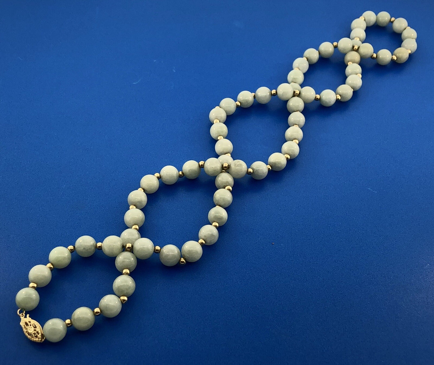 Designer 14K Yellow Gold Jade Jadeite Bead Ball Filigree Clasp Necklace