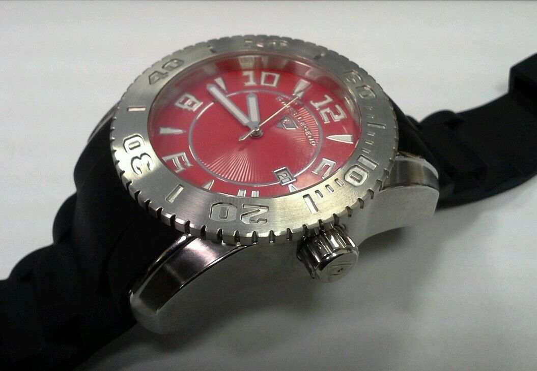 Swiss Legend Men Commander Stainless Steel Black Silicone Red Dial Watch 316L