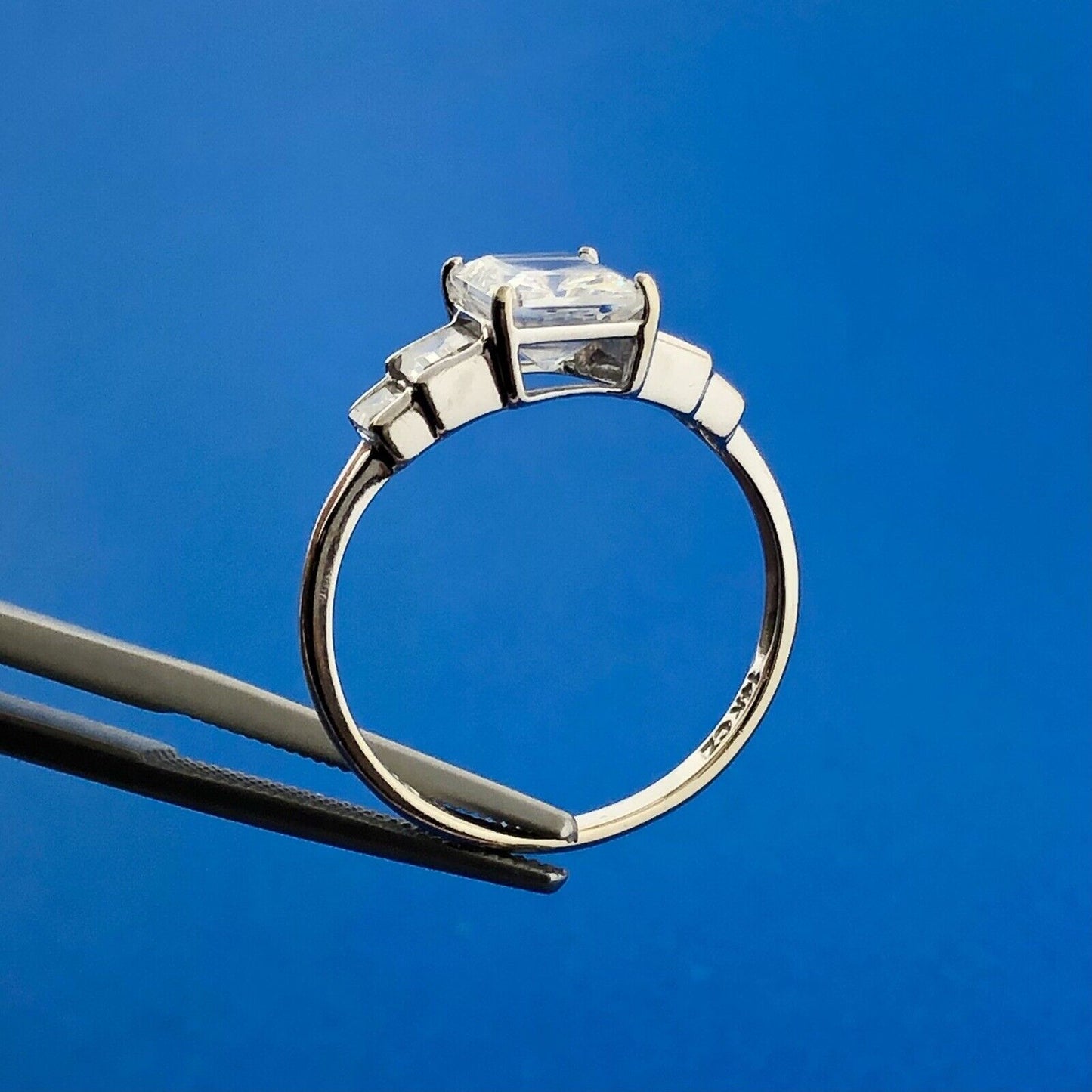 Designer 14K White Gold Rectangle Cubic Zirconia CZ Engagement Promise Ring