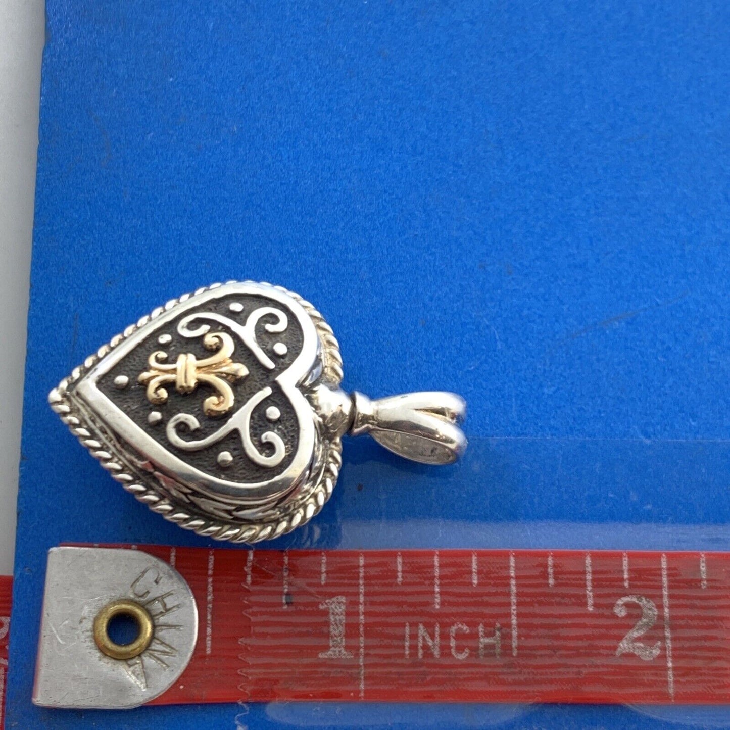 Designer 925 Sterling Silver 14K Gold Fleur De Lis Scroll Heart Pendant