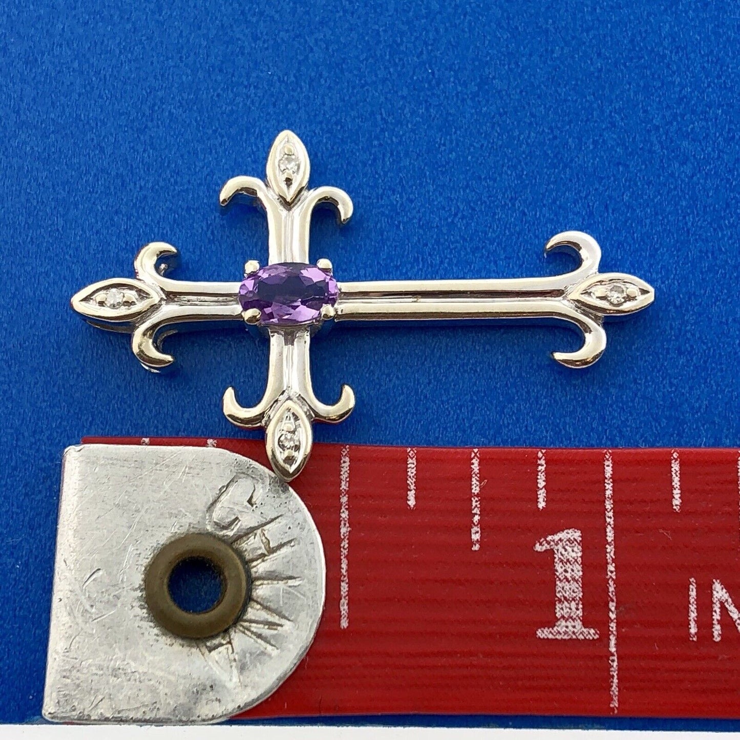 Designer 10K White Gold Amethyst Diamond Fleur De Lis Cross Religious Pendant