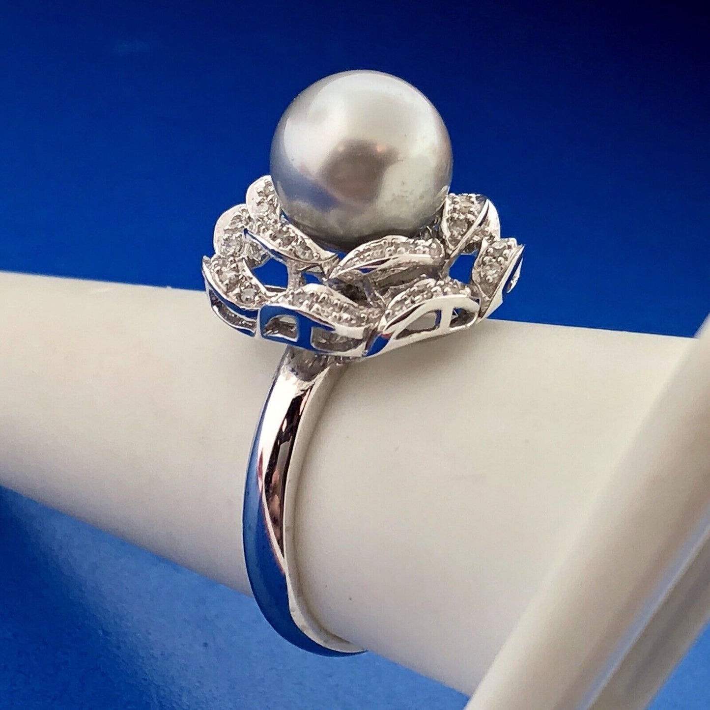 Designer 14K White Gold Tahitian Pearl Diamond Statement Cocktail Ring