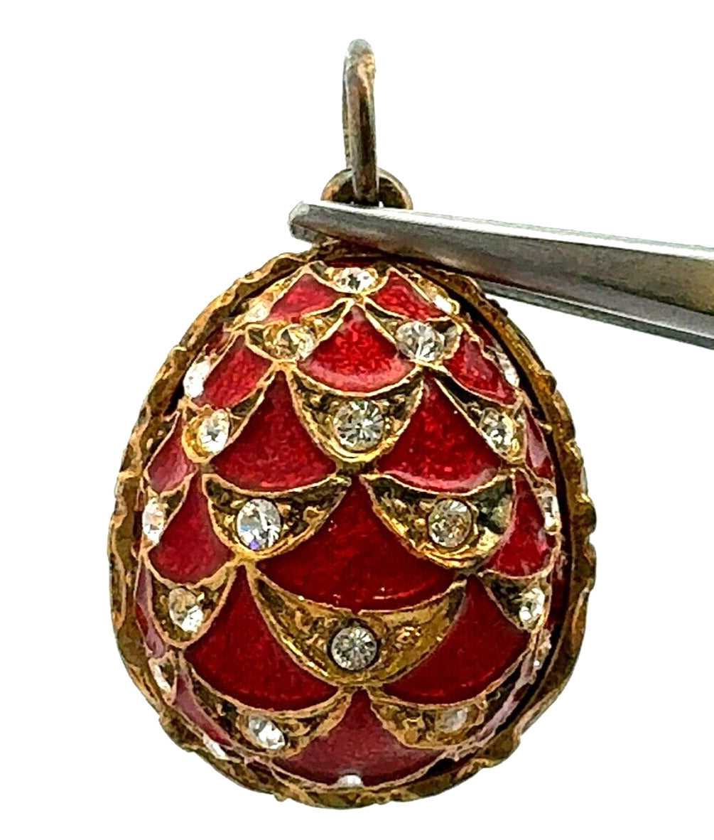 Vintage 925 Sterling Silver Gold Vermeil CZ Red Enamel Faberge Egg Pendant