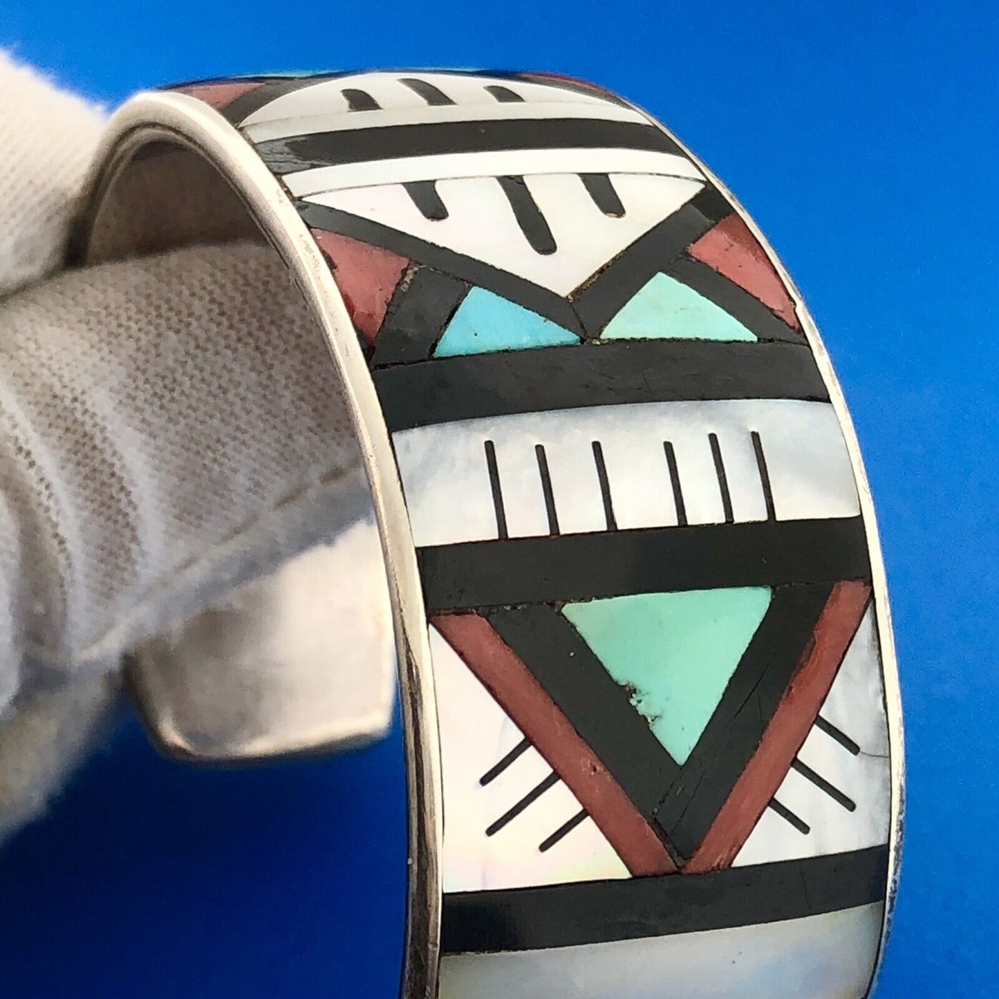 Native American Signed 925 Sterling Multi Stone Inlay Statement Cuff Bracelet