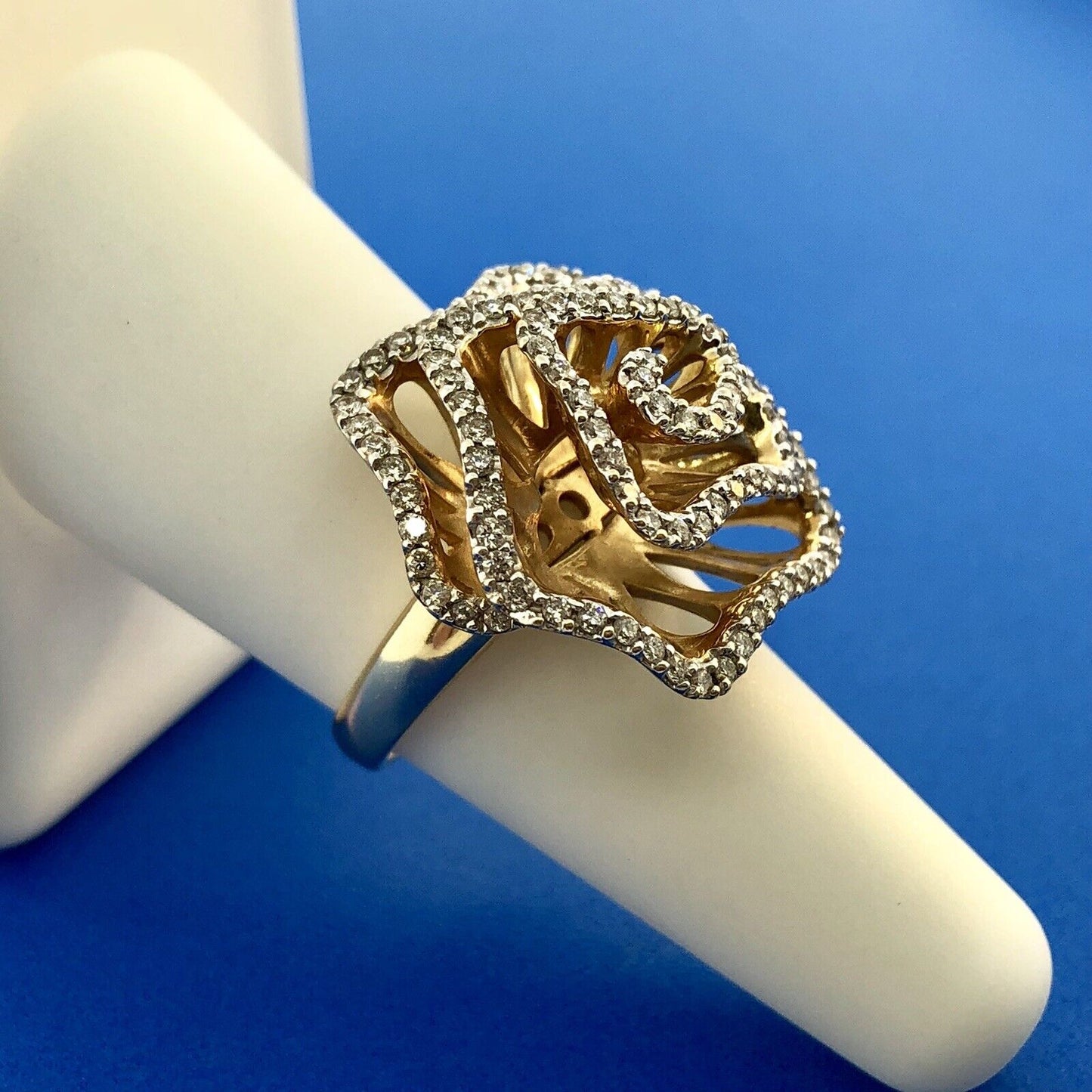 Estate 14K Yellow Gold Diamond Modernist Flower Swirl Statement Cocktail Ring