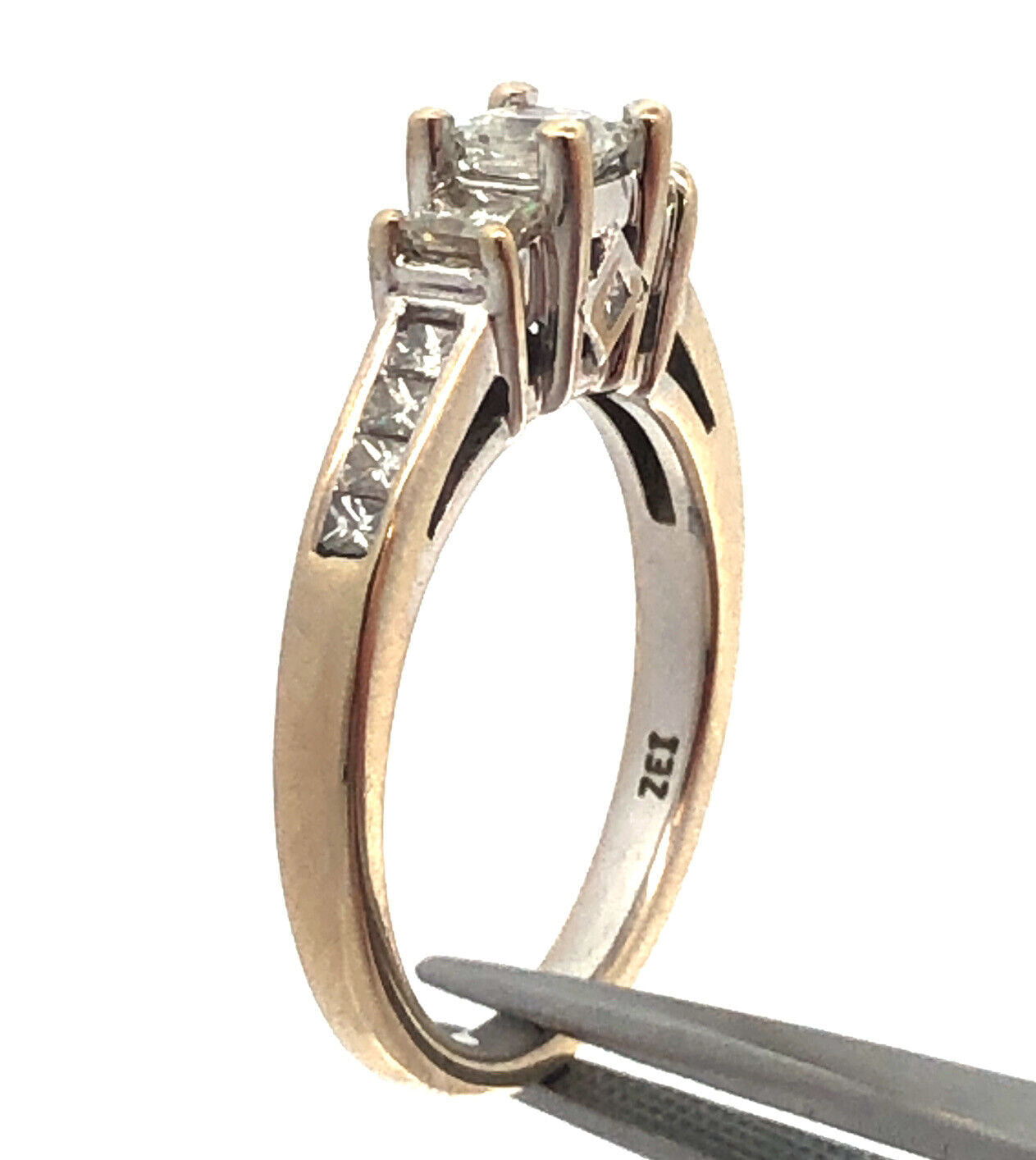 Designer ZEI 14K White Gold Princess Trio Diamond Engagement Ring Size 6.75