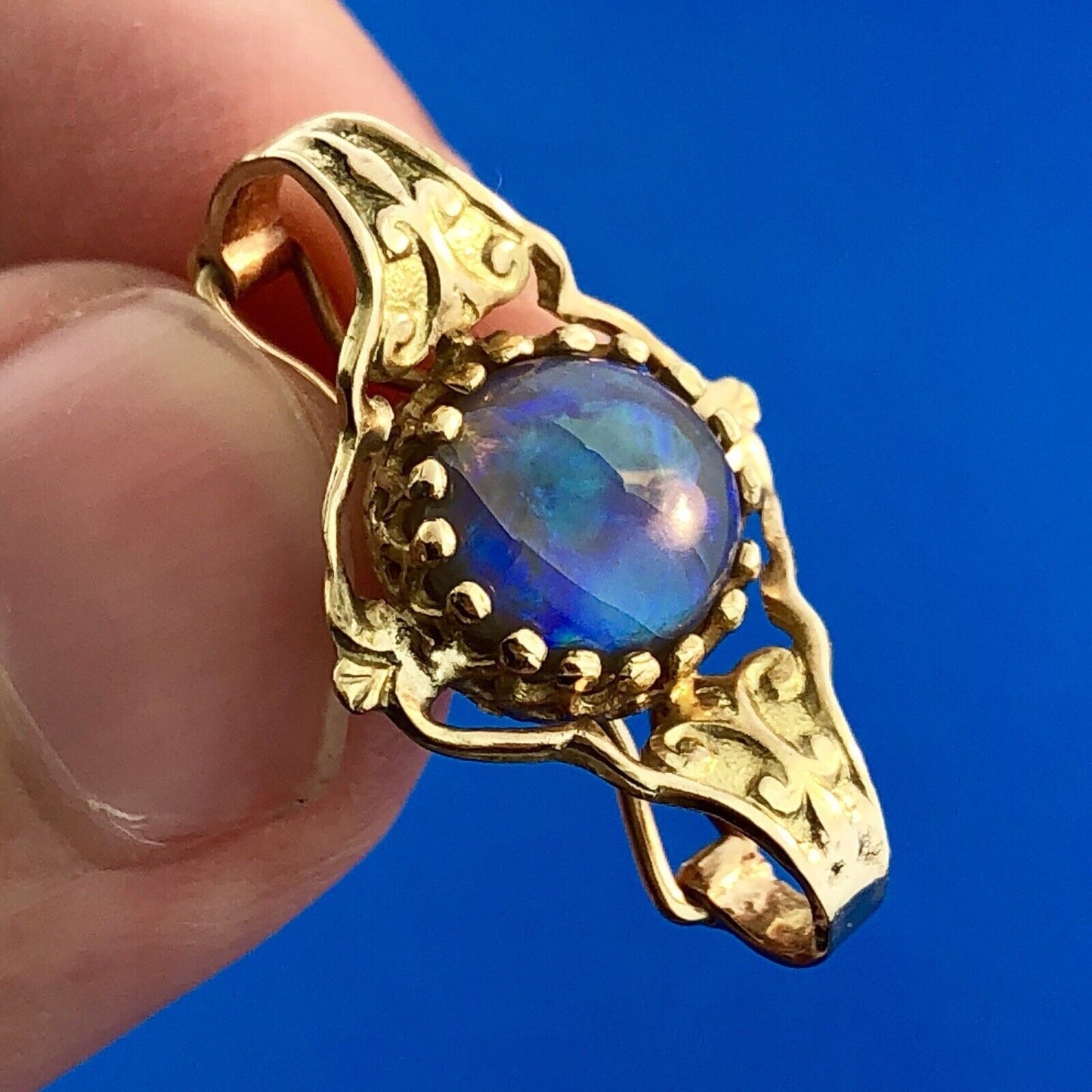Vintage 14K Yellow Gold Black Fire Opal Etruscan Design Double Enhancer Pendant
