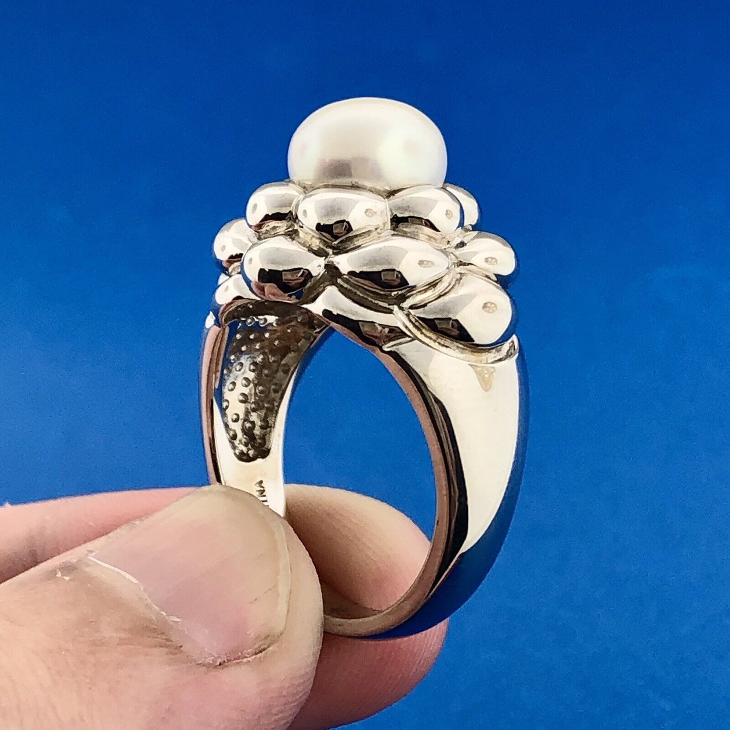 Designer EA Sterling Silver 925 Pearl Bubble Dome Cocktail Ring