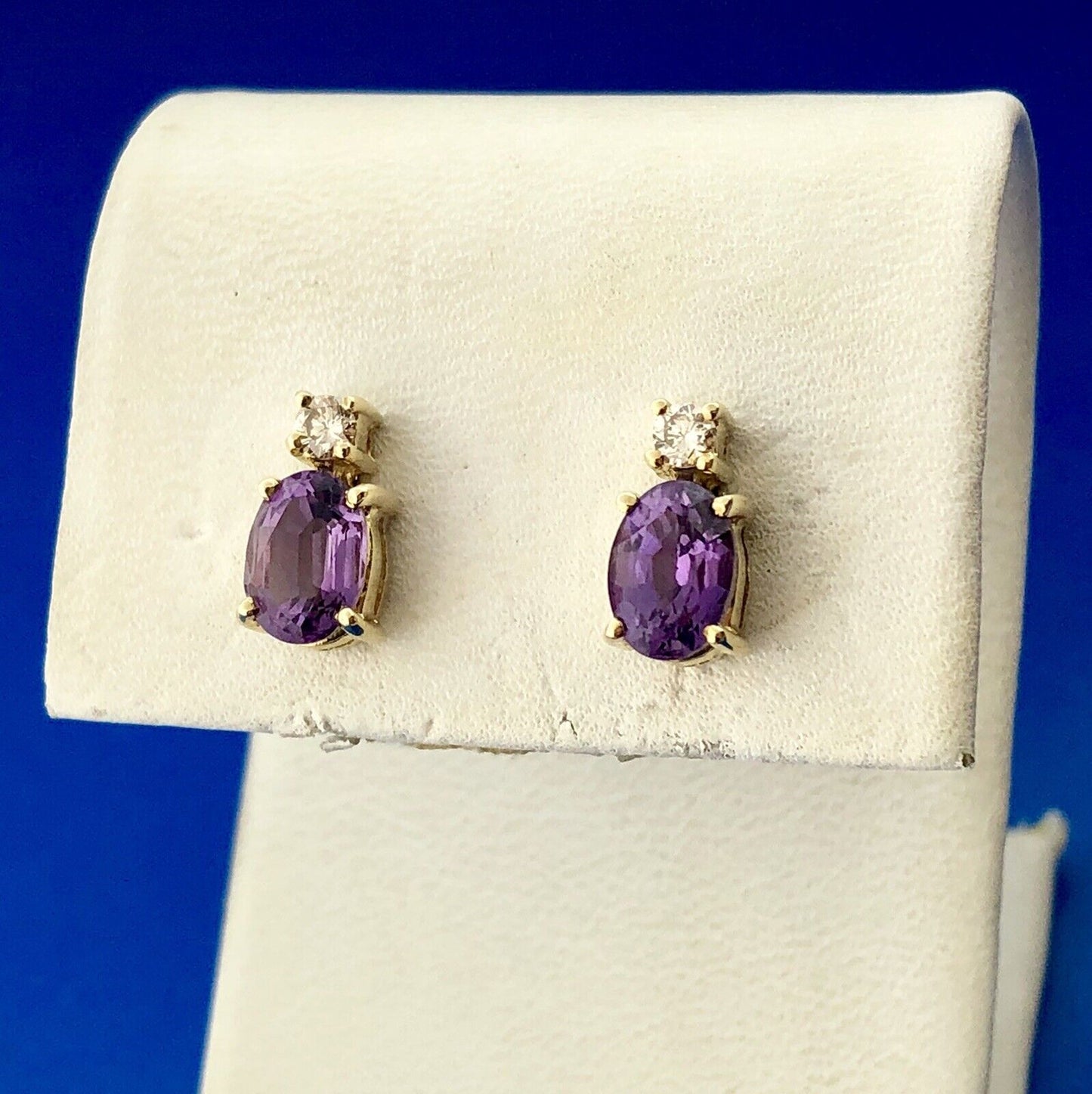 Classic 14K Yellow Gold Oval Amethyst Diamond Stud Earrings