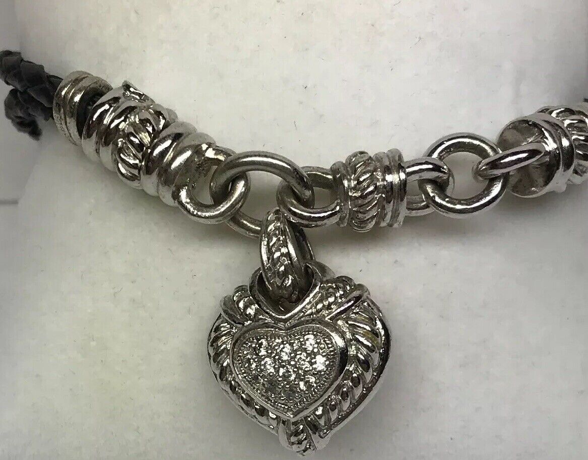 Judith Ripka Sterling Silver 925 Diamonique CZ Heart Charm Leather Bracelet