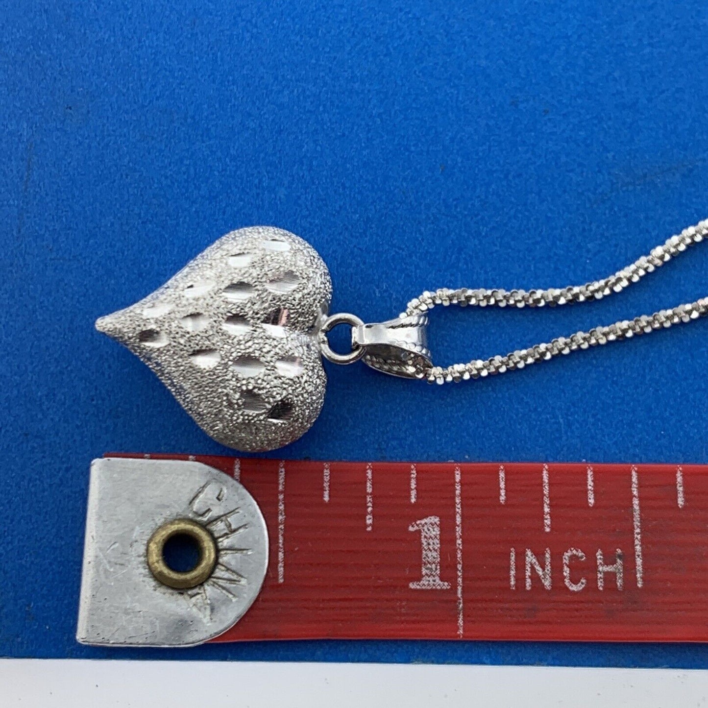 Designer Italy 10K White Gold Polished Diamond Cut Puffy Heart Pendant Necklace