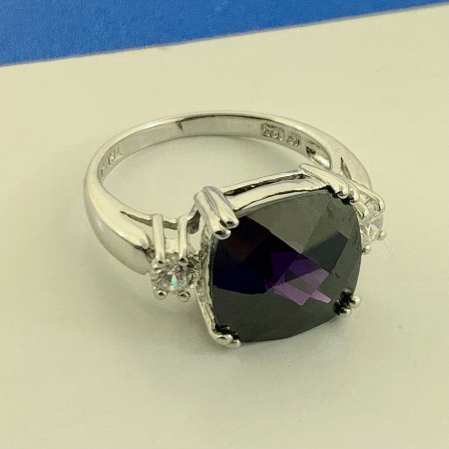 Designer 925 Sterling Silver Cushion Cut Amethyst & Cubic Zirconia Cocktail Ring