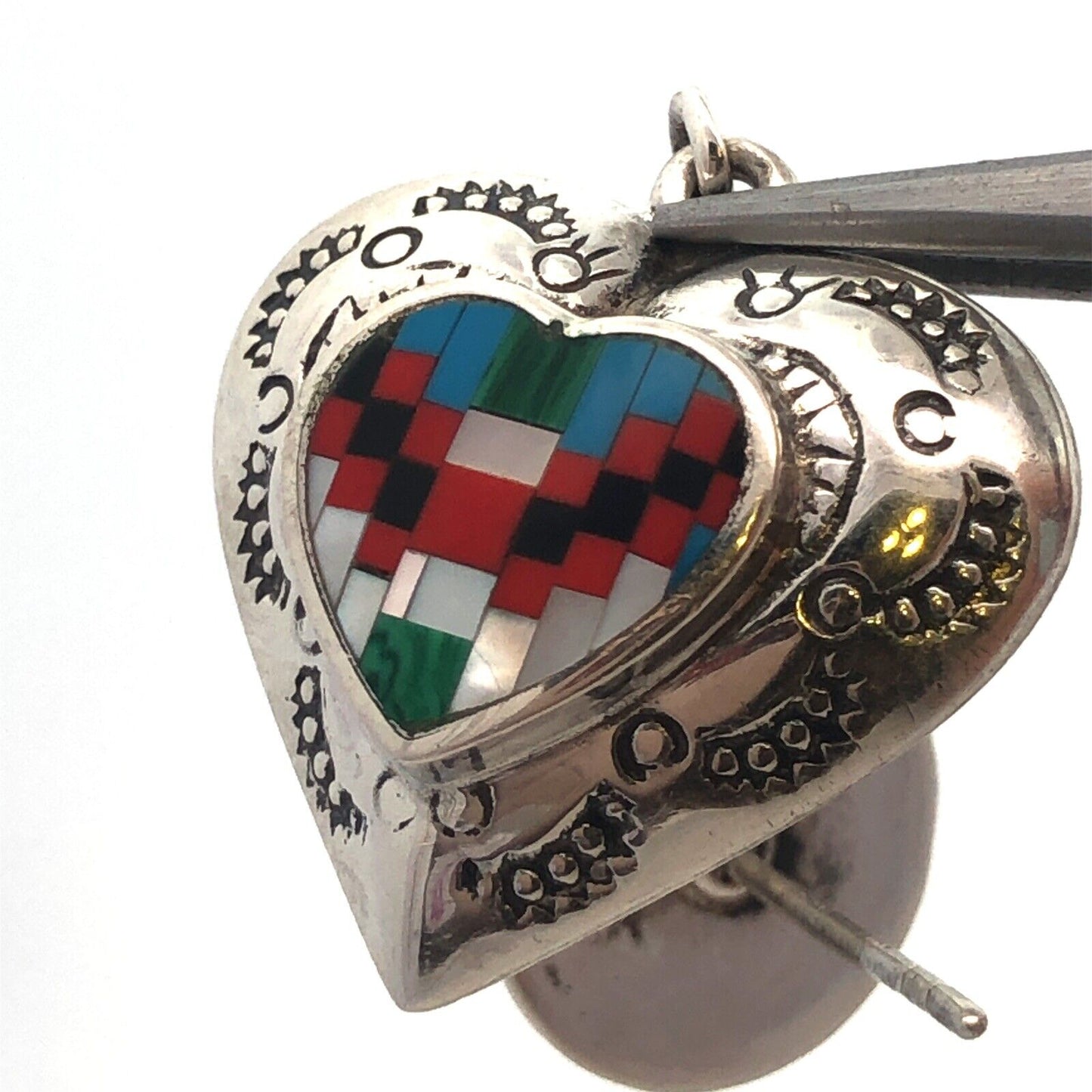 Native American Concho 925 Sterling Silver Multi Gemstone Heart Dangle Earrings