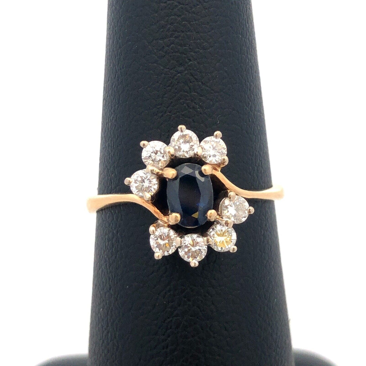 Gorgeous 14k Yellow Gold Oval Cut Sapphire Diamond Floral Cluster Ring Size 6.5