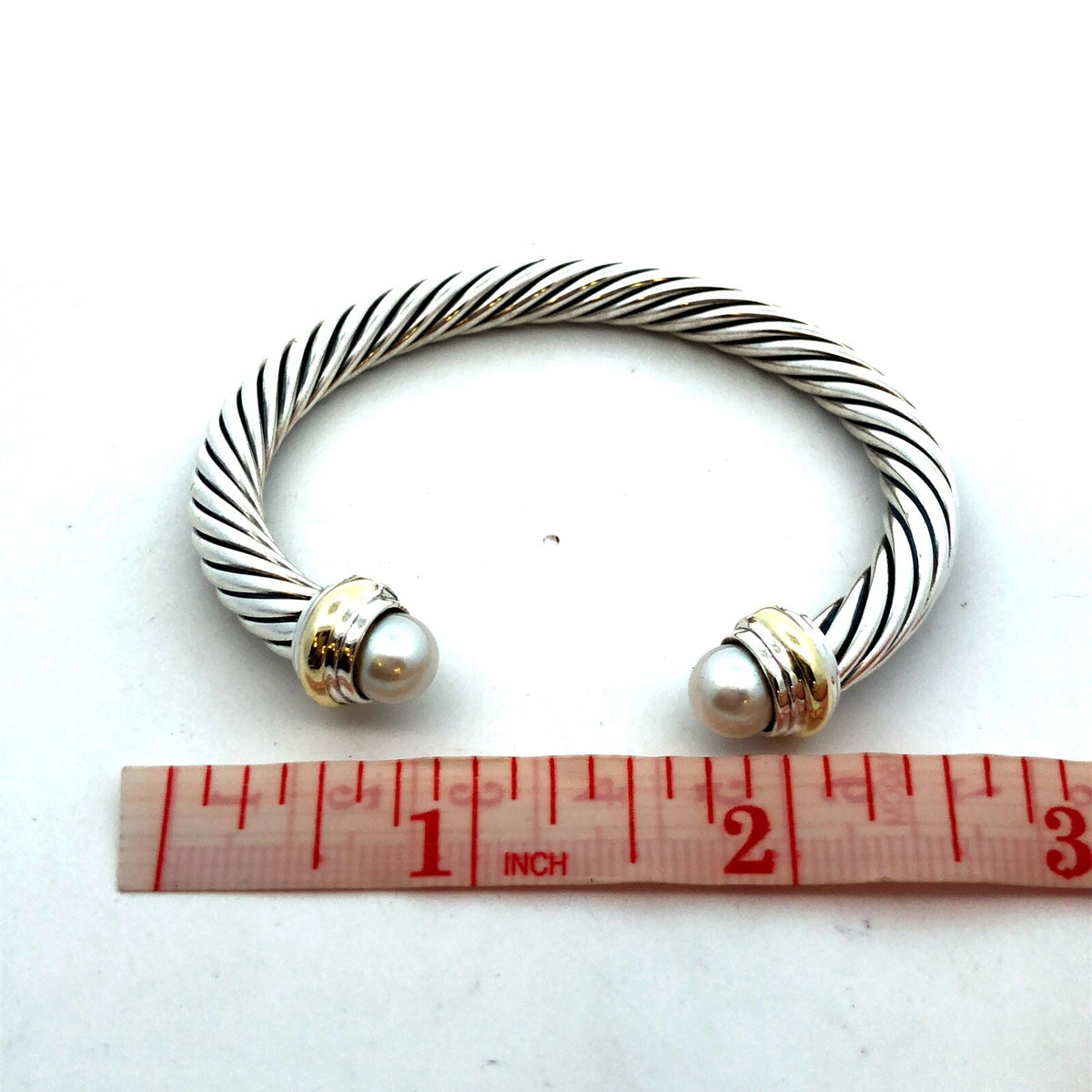 925 Sterling Silver David Yurman 14K Gold Pearl Classic Cable Cuff Bracelet